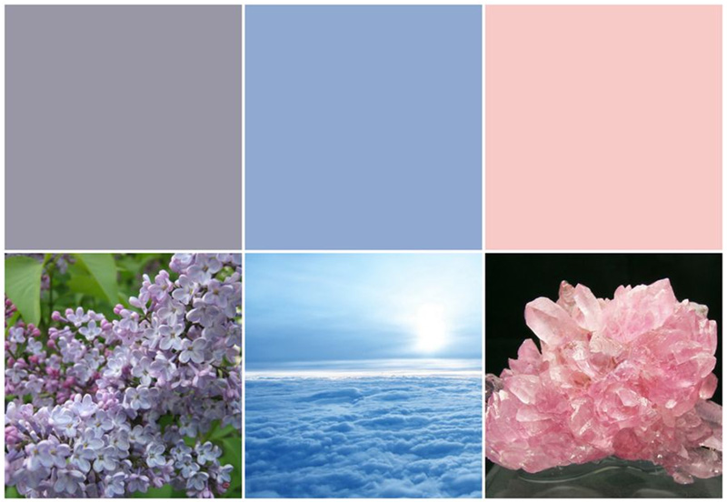 Lilac Grey (лилово-серый, сиренево-серый), Serenity (небесно-голубой, спокойный синий), Rose Quartz (розовый кварц)